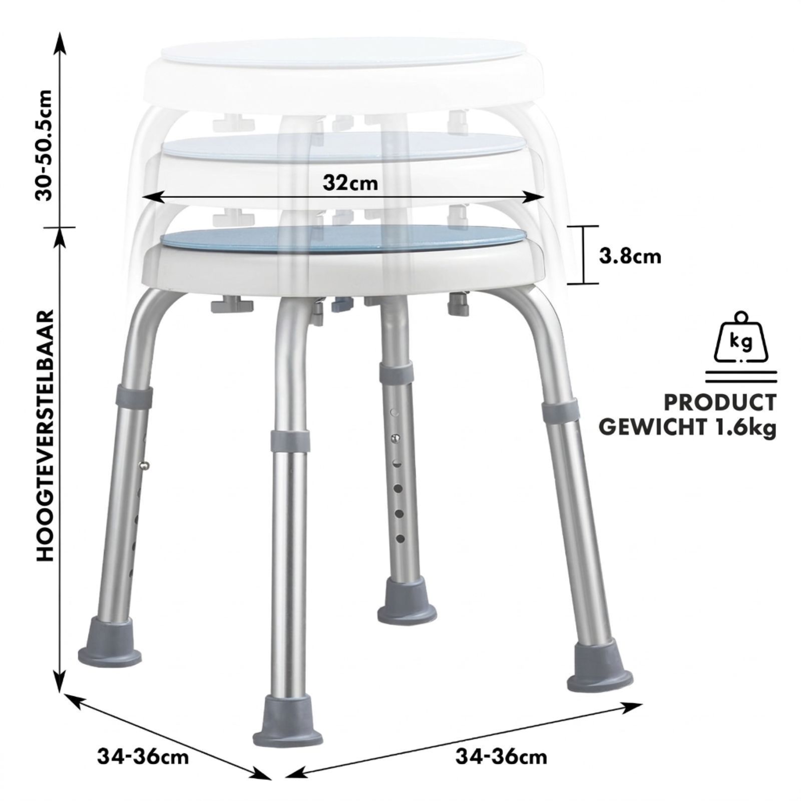 Douchekruk: diameter 32cm, hoogte 30-50,5cm, breedte 34-36cm. Productgewicht 1,6kg.