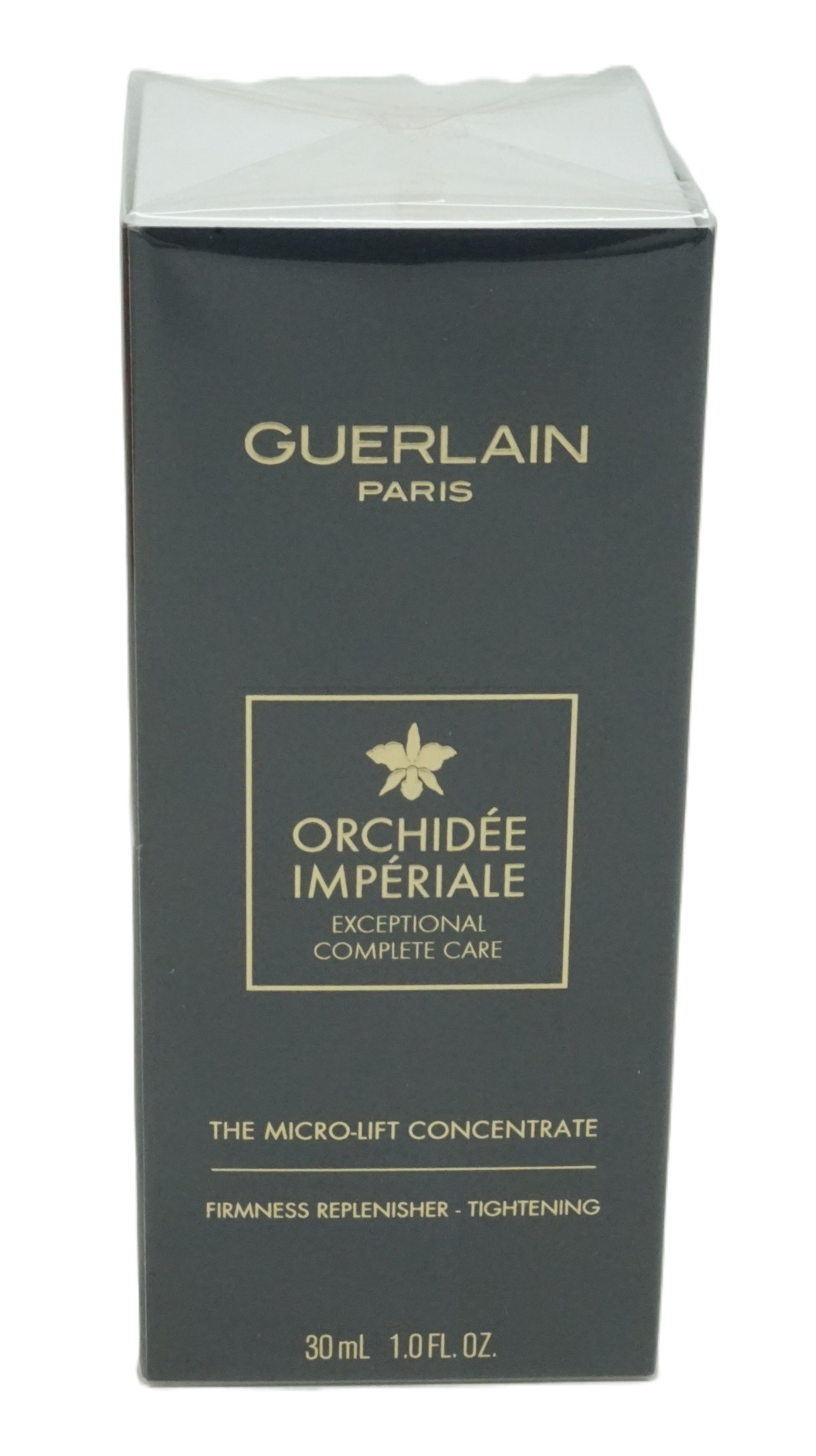 Donkergrijze doos met gouden opschrift: Guerlain Paris, Orchidée Impériale. Bevat 30ml.