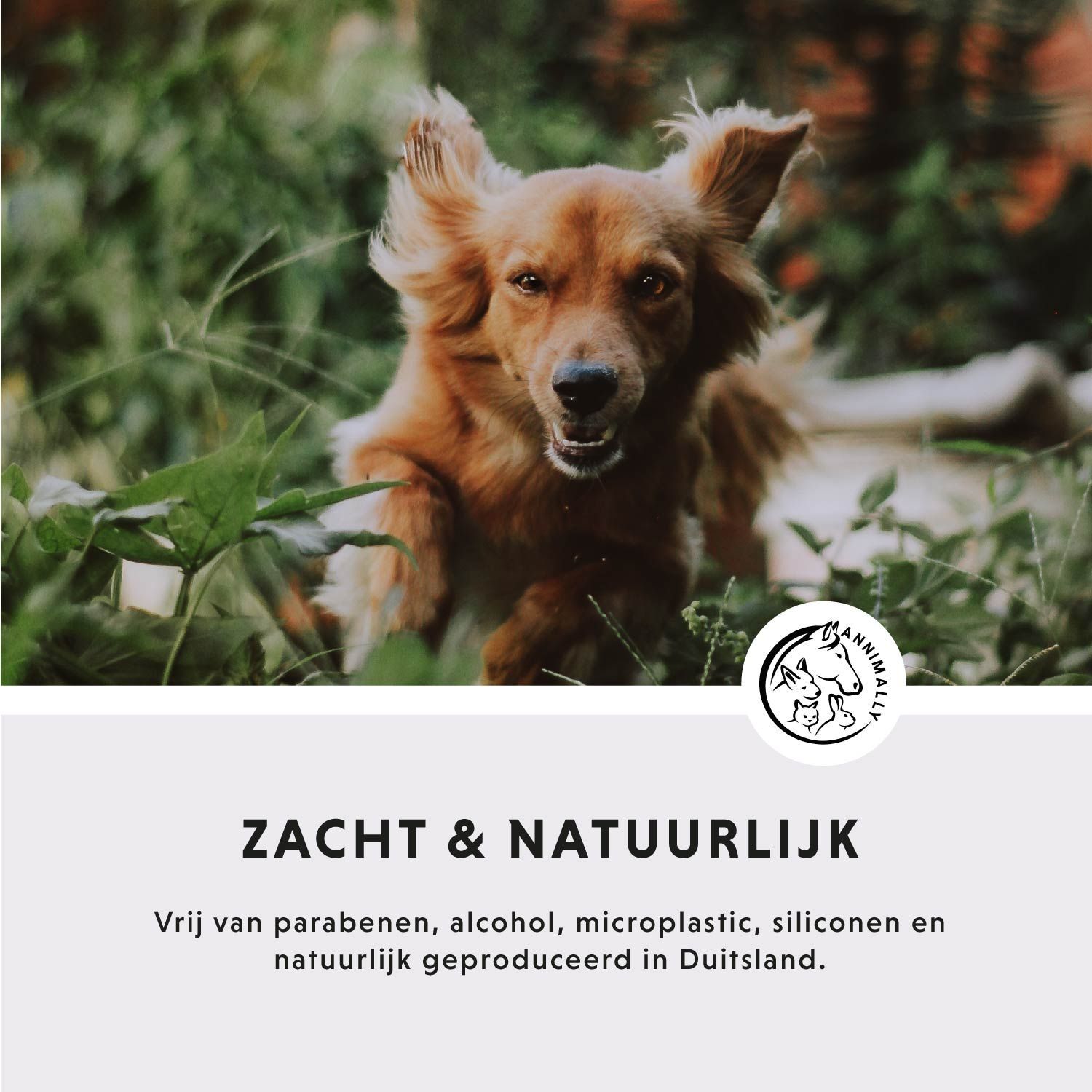 Hond rent door gras. Tekst: Zacht & Natuurlijk. Zonder parabenen, alcohol, microplastics, siliconen. Geproduceerd in Duitsland.