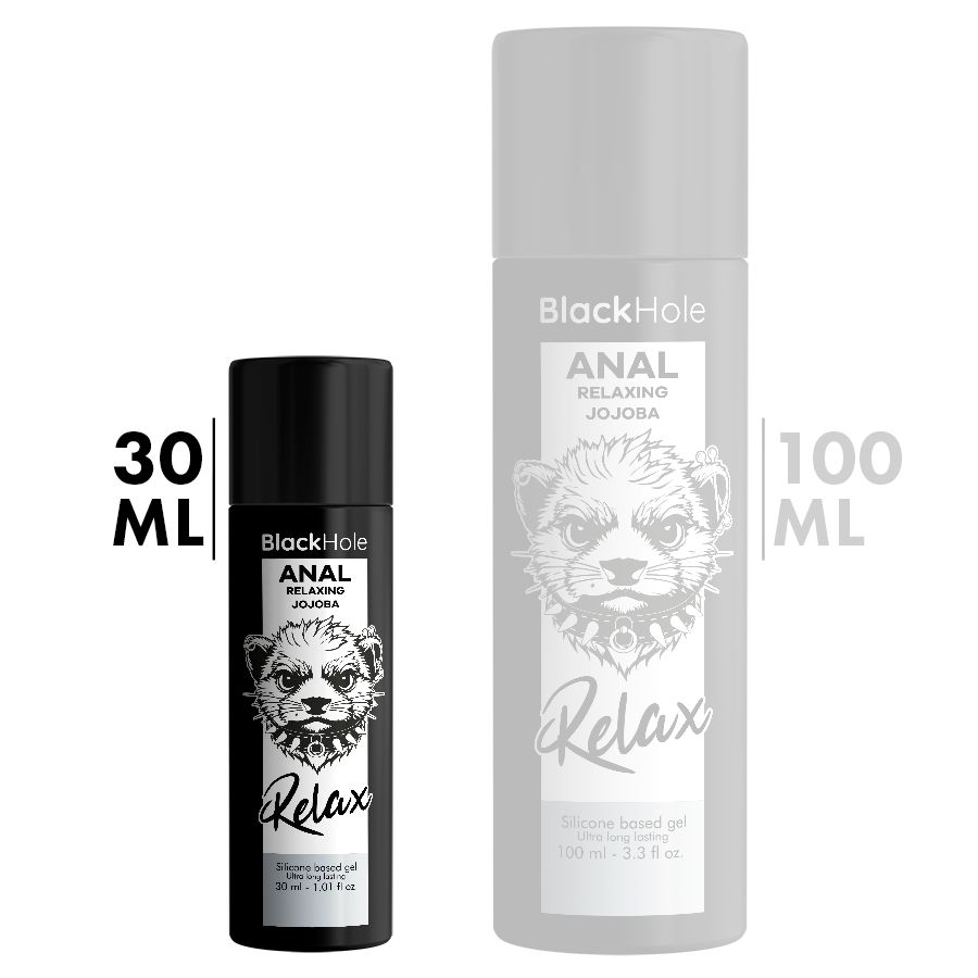 Deux flacons, 30 ml et 100 ml, avec l'étiquette 'Black Hole ANAL Relaxing Jojoba'.