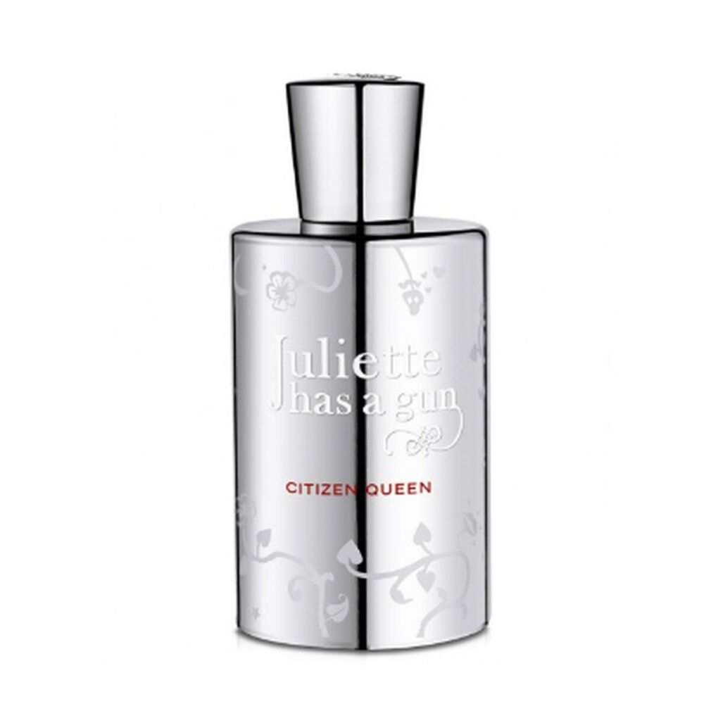 Flacon de parfum avec bouchon argenté. Le flacon porte l'inscription "Juliette Has a Gun Citizen Queen".
