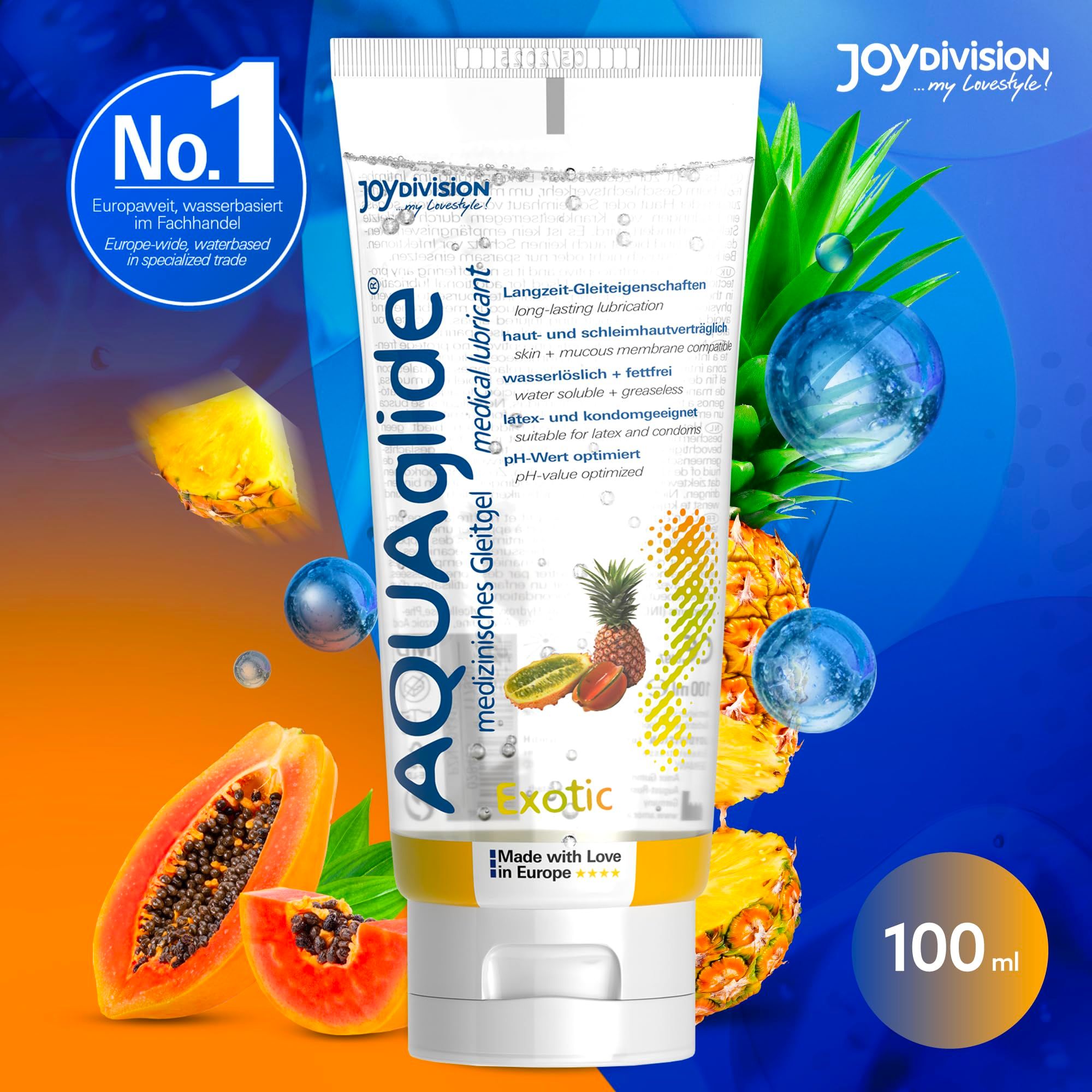 Aquaglide gel lubrifiant médical, 100ml, aux fruits exotiques.