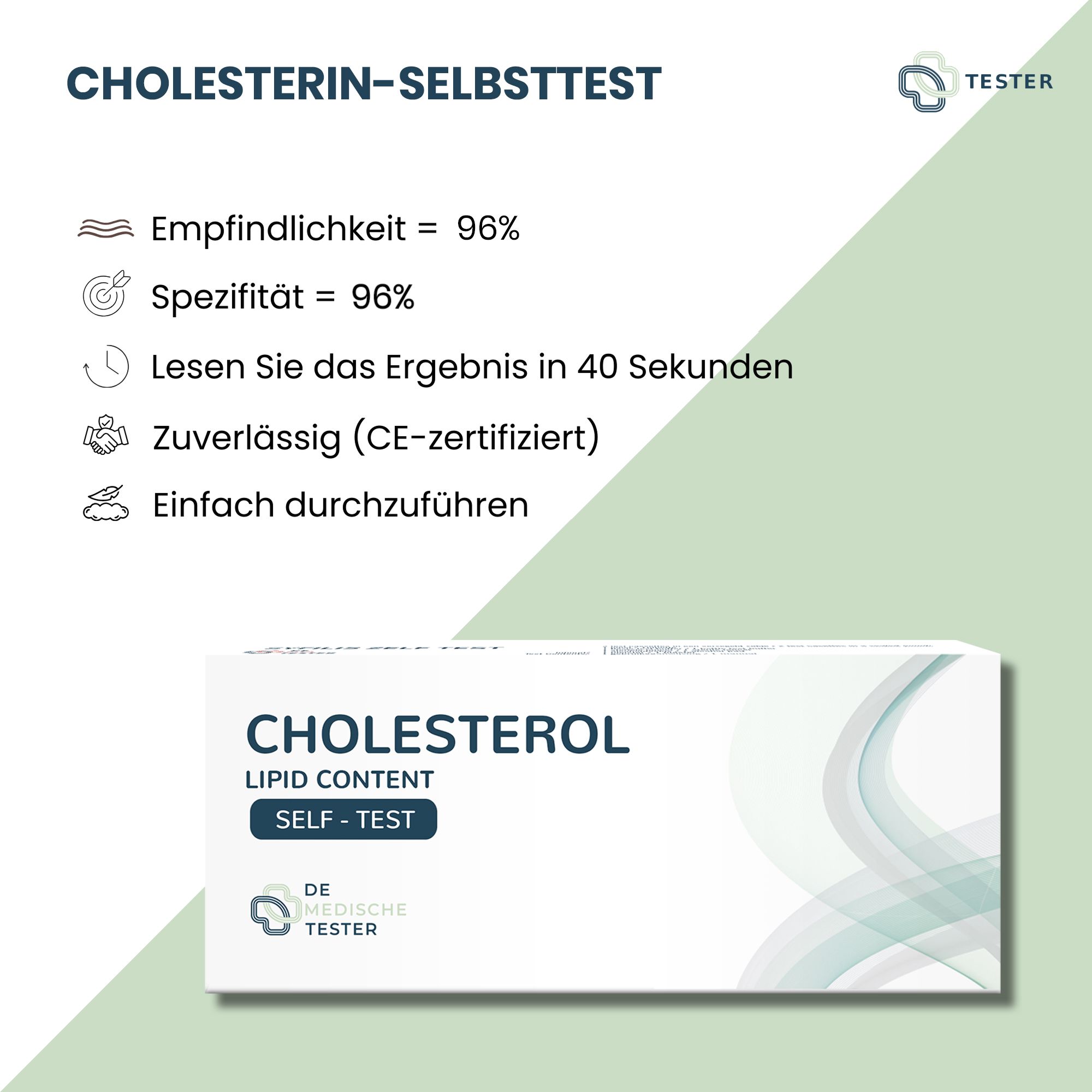 Infographie sur l'autotest de cholestérol. Informations sur la sensibilité, la spécificité, le temps de résultat et la certification. Image du produit.