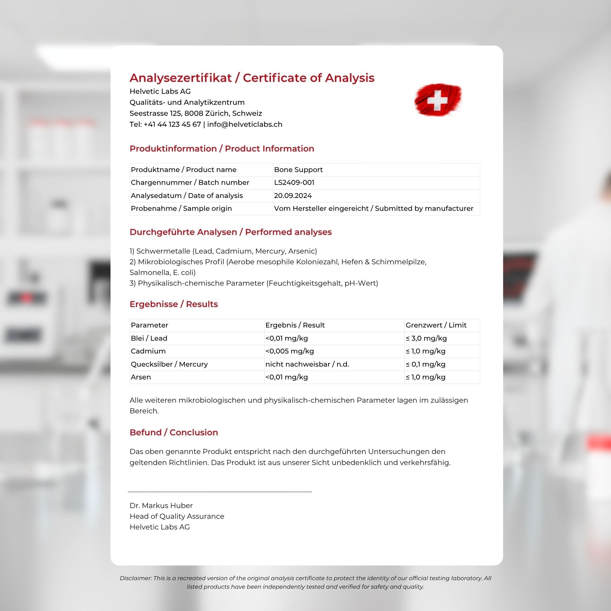 Analysecertificaat. Tekst: Bone Support. Resultaten: zware metalen, microbiologisch profiel, fysisch-chemische parameters.