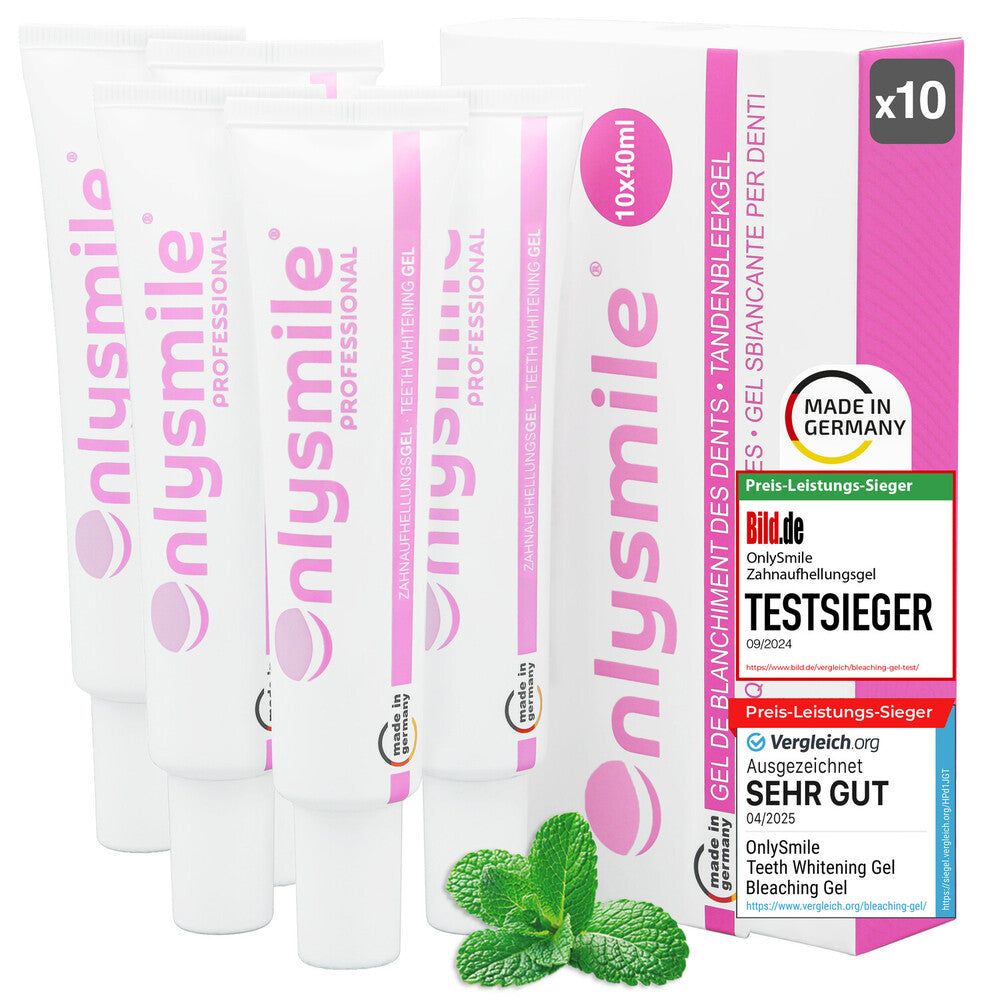 Tubes en verpakking van whitening gel. OnlySmile Professional, 10x40ml. Met testzegel en Made in Germany.