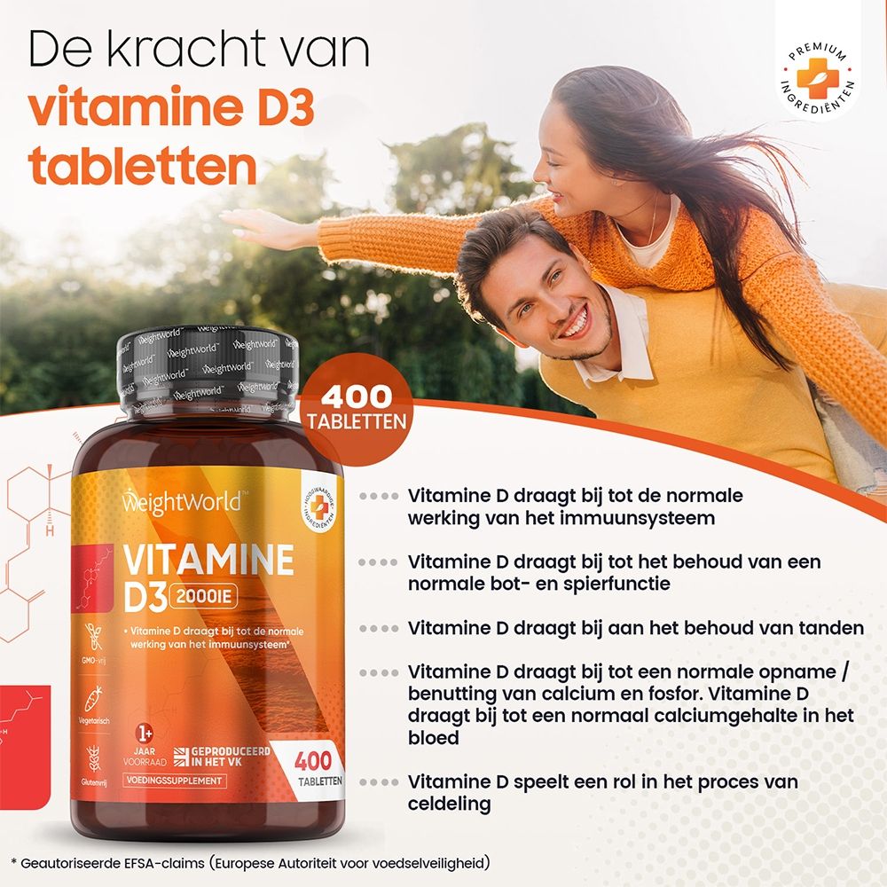 Fles vitamine D3. Tekst: Vitamine D3 2000 IE. 400 tabletten. Mensen. Logo: WeightWorld.