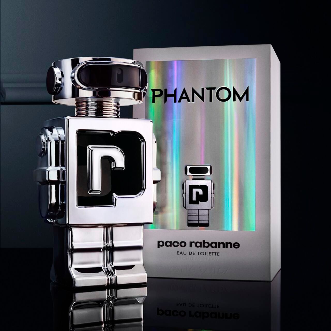 Zilveren robotfles en doos met 'Phantom' en 'paco rabanne'.