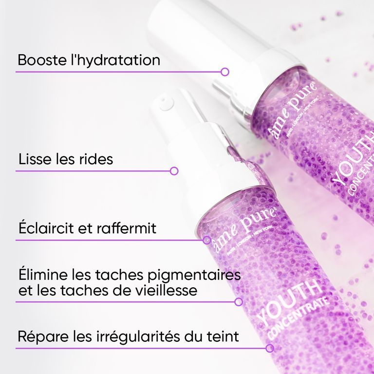 Deux flacons de sérum Youth Concentrate avec texte sur les avantages en français.