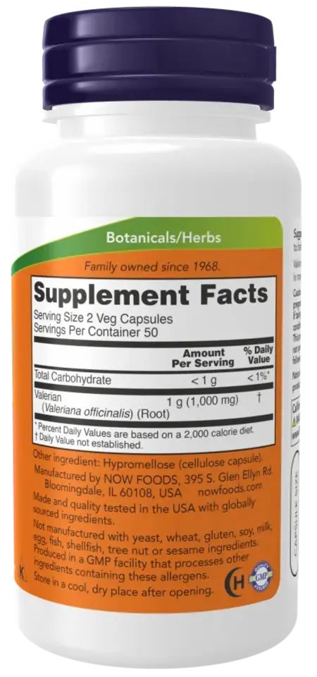 Dos du flacon. "Supplement Facts" avec informations nutritionnelles. Fabricant : NOW FOODS. Ingrédients et informations allergènes.