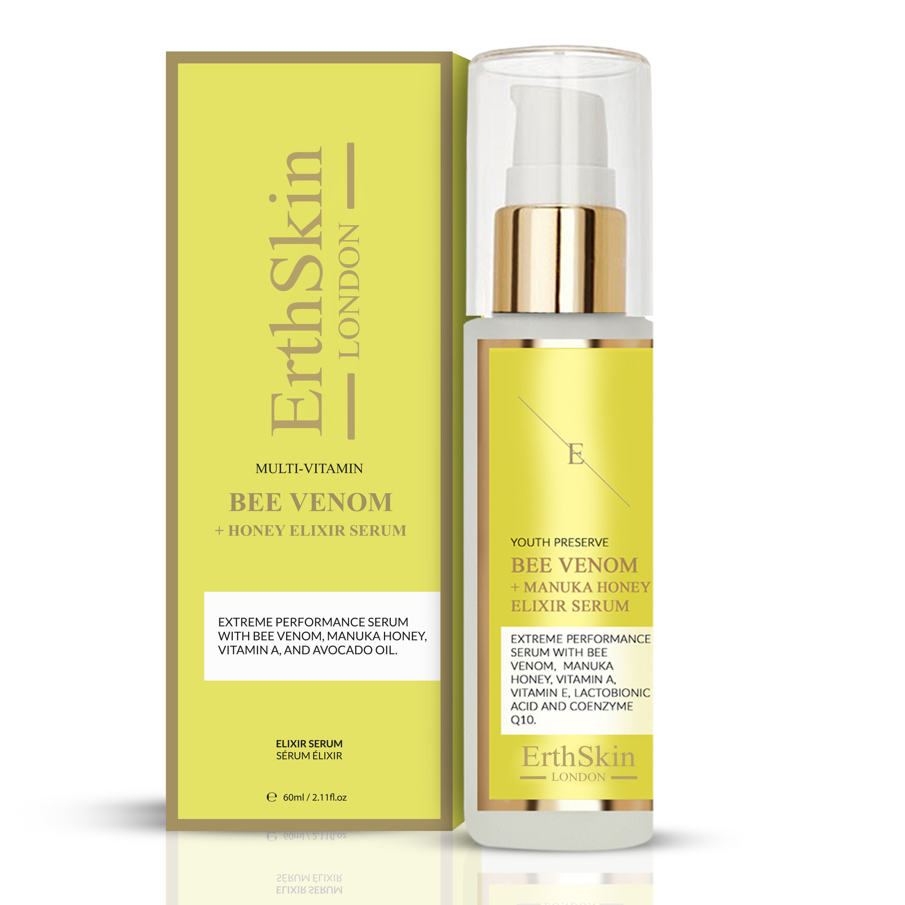Pompflacon en verpakkingsdoos met geel etiket voor bijengif + honing elixer serum.