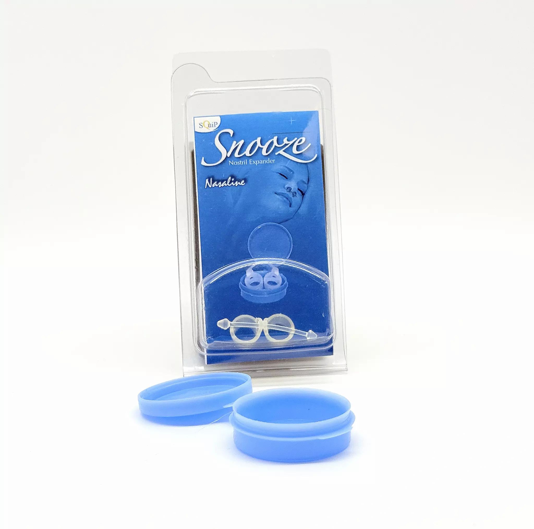 Ensemble d'écarteurs nasaux bleus dans un emballage transparent. Comprend deux écarteurs nasaux et une boîte de rangement bleue. Nom du produit: Snooze.