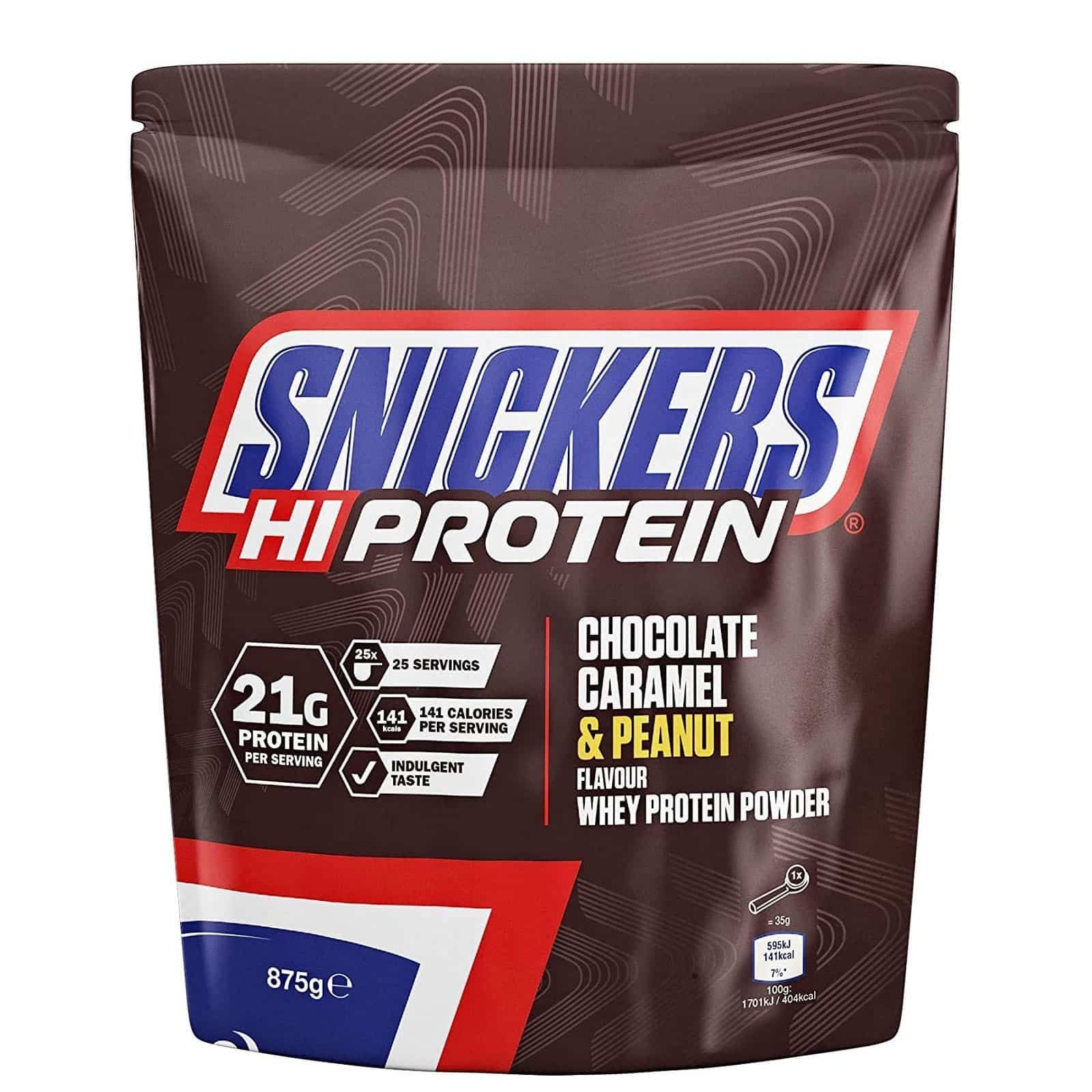 Snickers Hi Protein Poudre de lactosérum saveur chocolat, caramel et cacahuète, sachet de 875g.