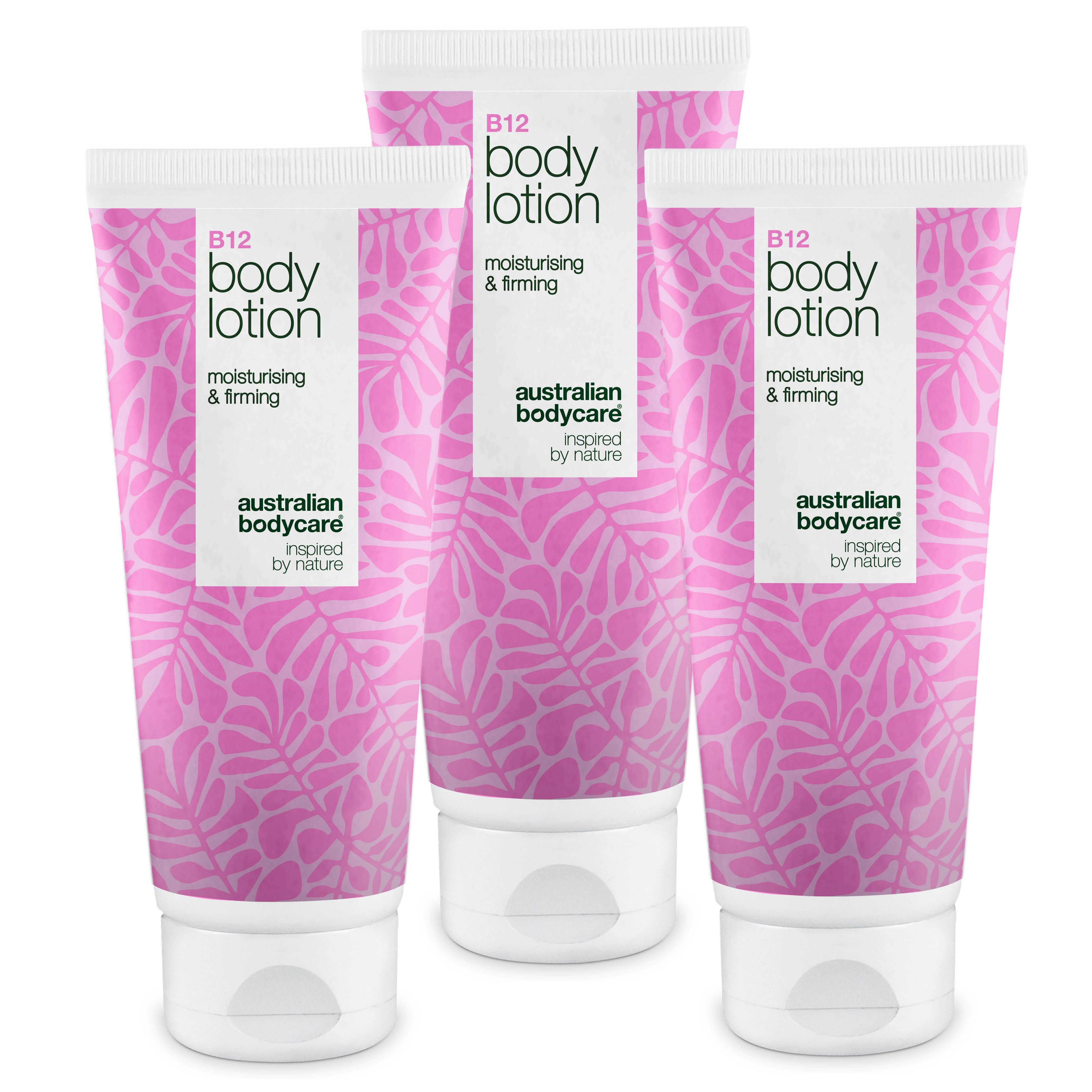 Drie tubes lotion. Witte dop, roze patroon. Opschrift: B12 Body Lotion, Australian Bodycare.