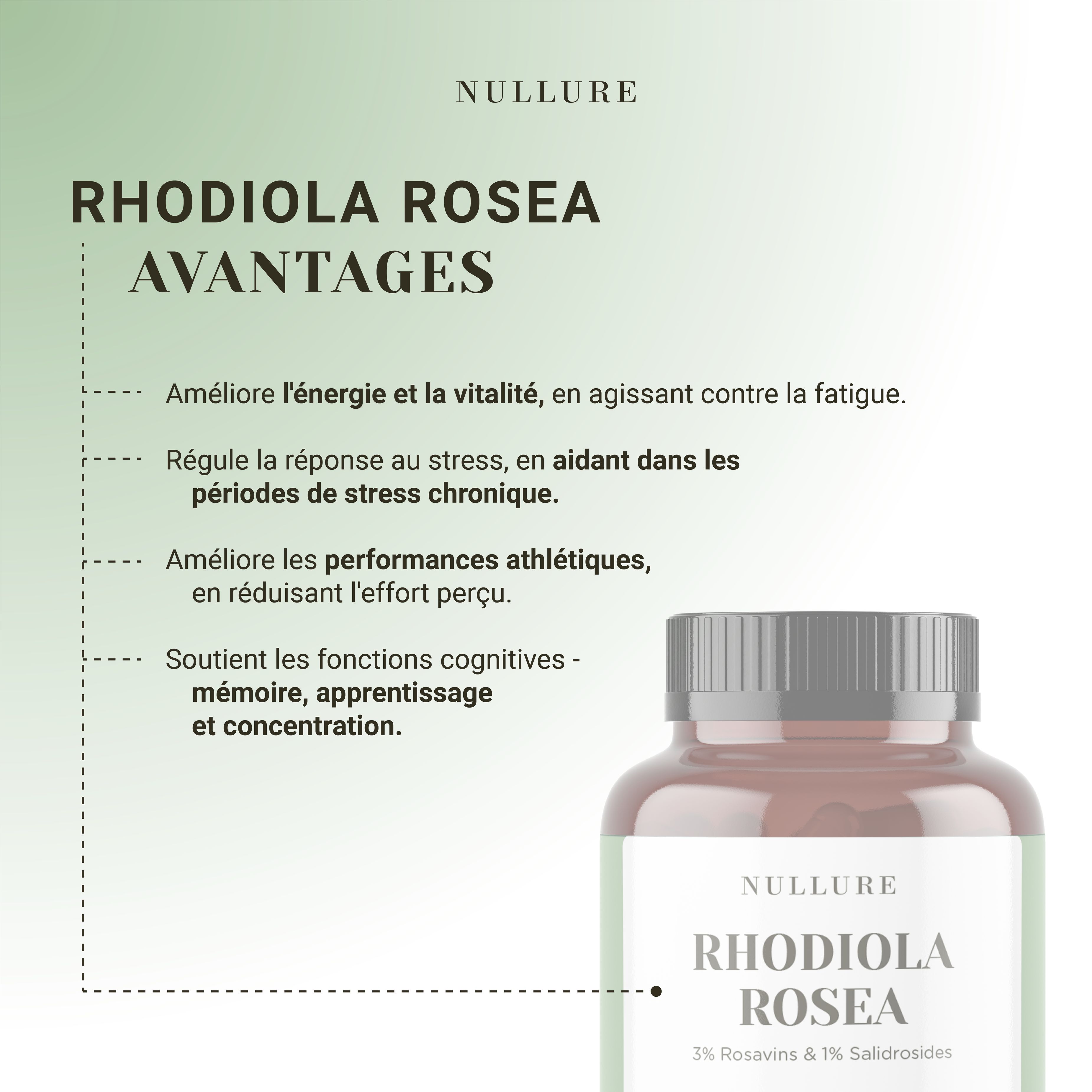 Fles Rhodiola Rosea voedingssupplement, voordelen voor energie, stressmanagement, cognitieve functies.