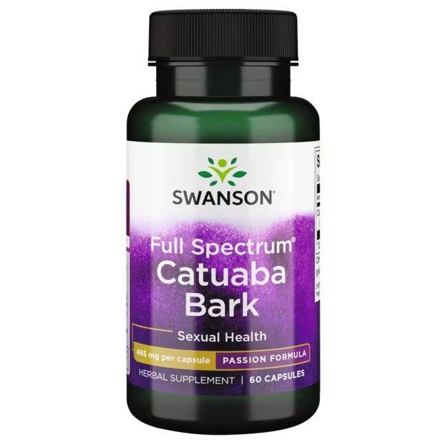 Flacon vert avec bouchon noir. Inscription: SWANSON, Catuaba Bark, 465 mg par capsule, 60 capsules.