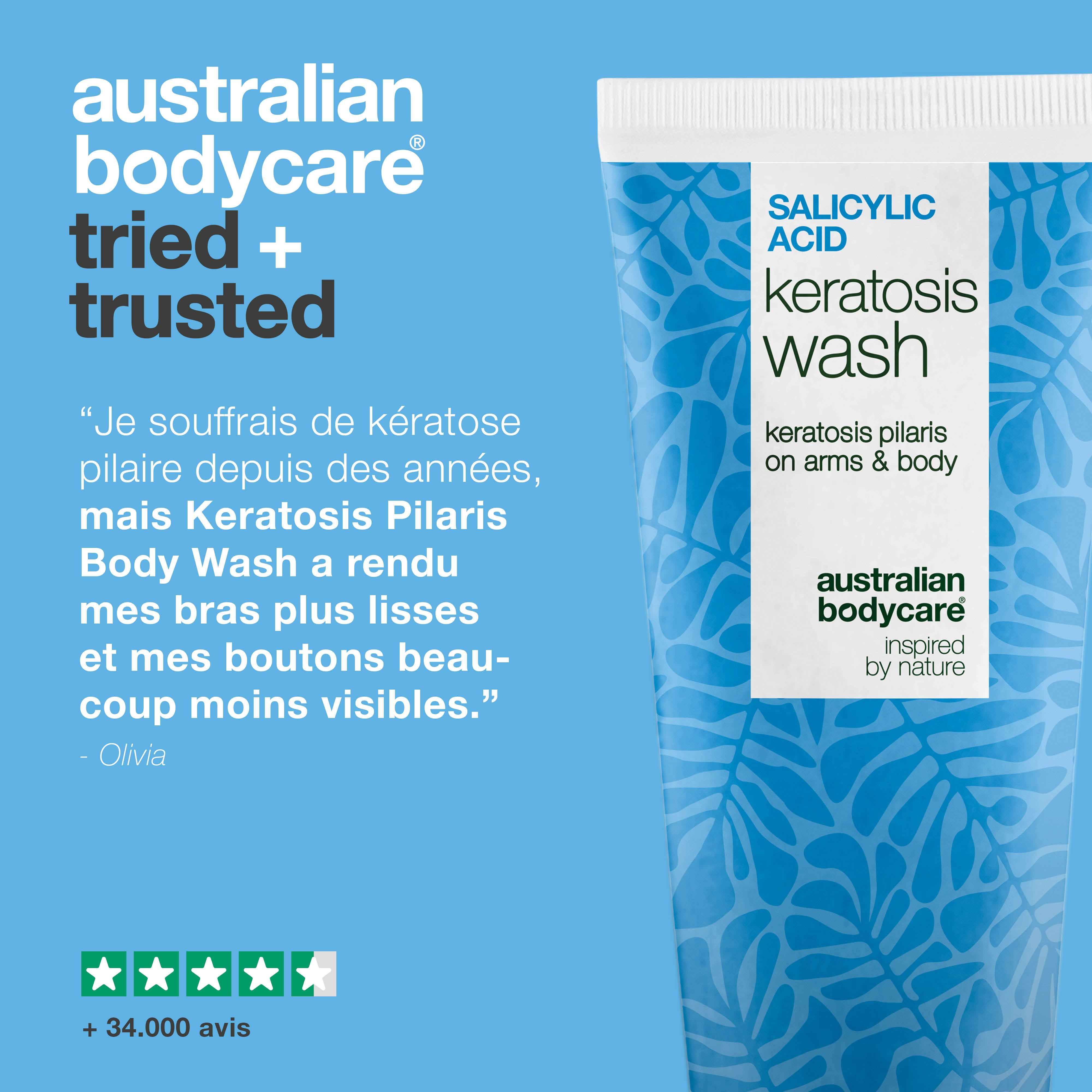 Tube avec texte : Salicylic Acid Keratosis Wash. Marque : Australian Bodycare. Citation : Olivia. Évaluation 5 étoiles.