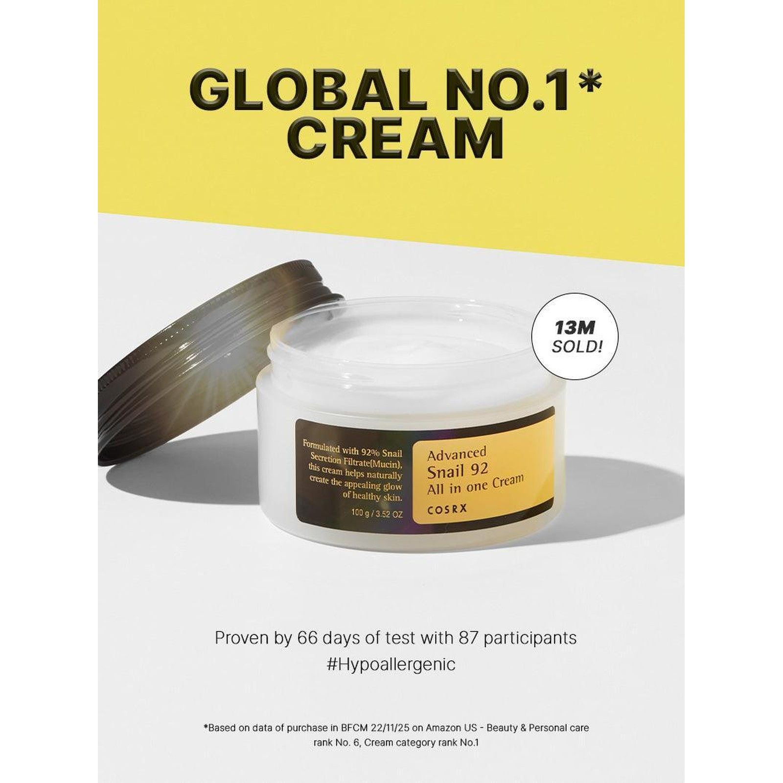 Crème COSRX Advanced Snail 92 All in One dans un pot blanc avec étiquette jaune. 13M vendues.