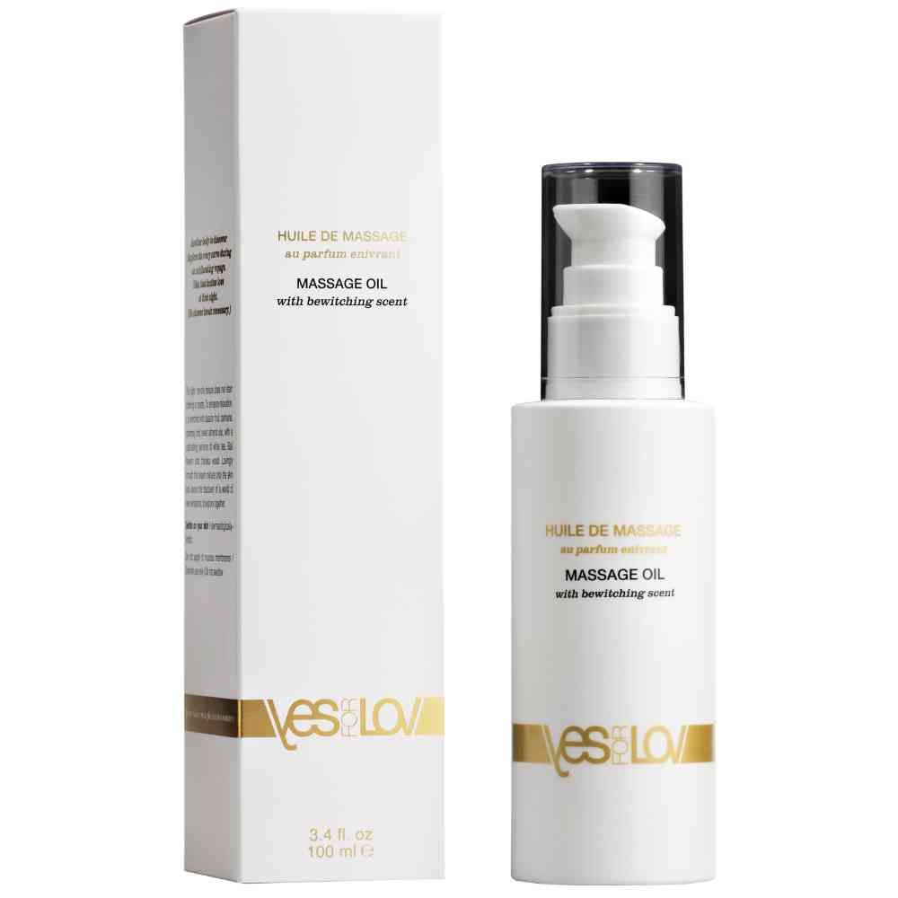 YESforLOV massageolie fles met pompdos.