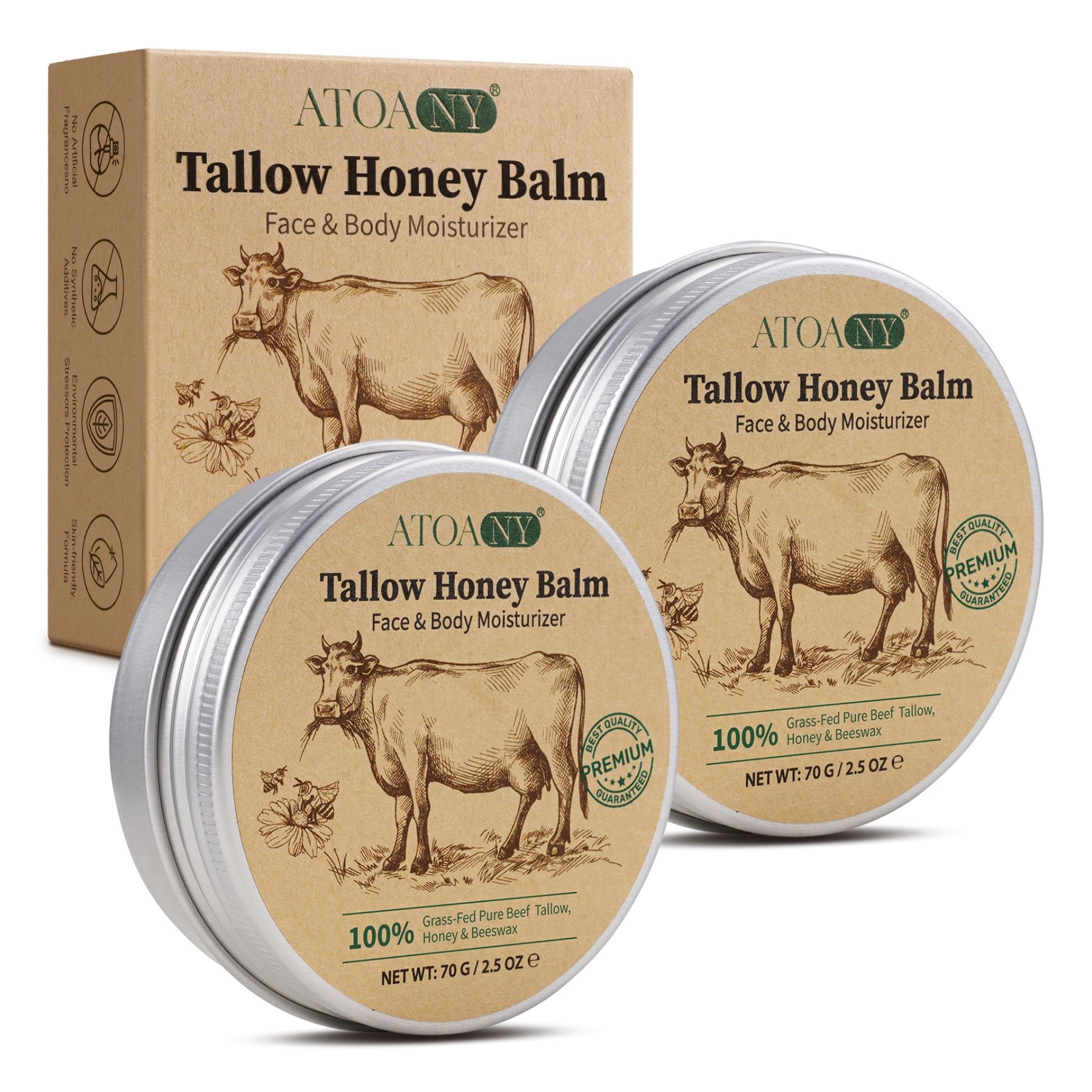 Deux boîtes rondes et une boîte rectangulaire de Tallow Honey Balm, hydratant pour le visage et le corps. Les étiquettes montrent une vache et le texte "100% Grass-Fed Pure Beef Tallow, Honey & Botanicals".