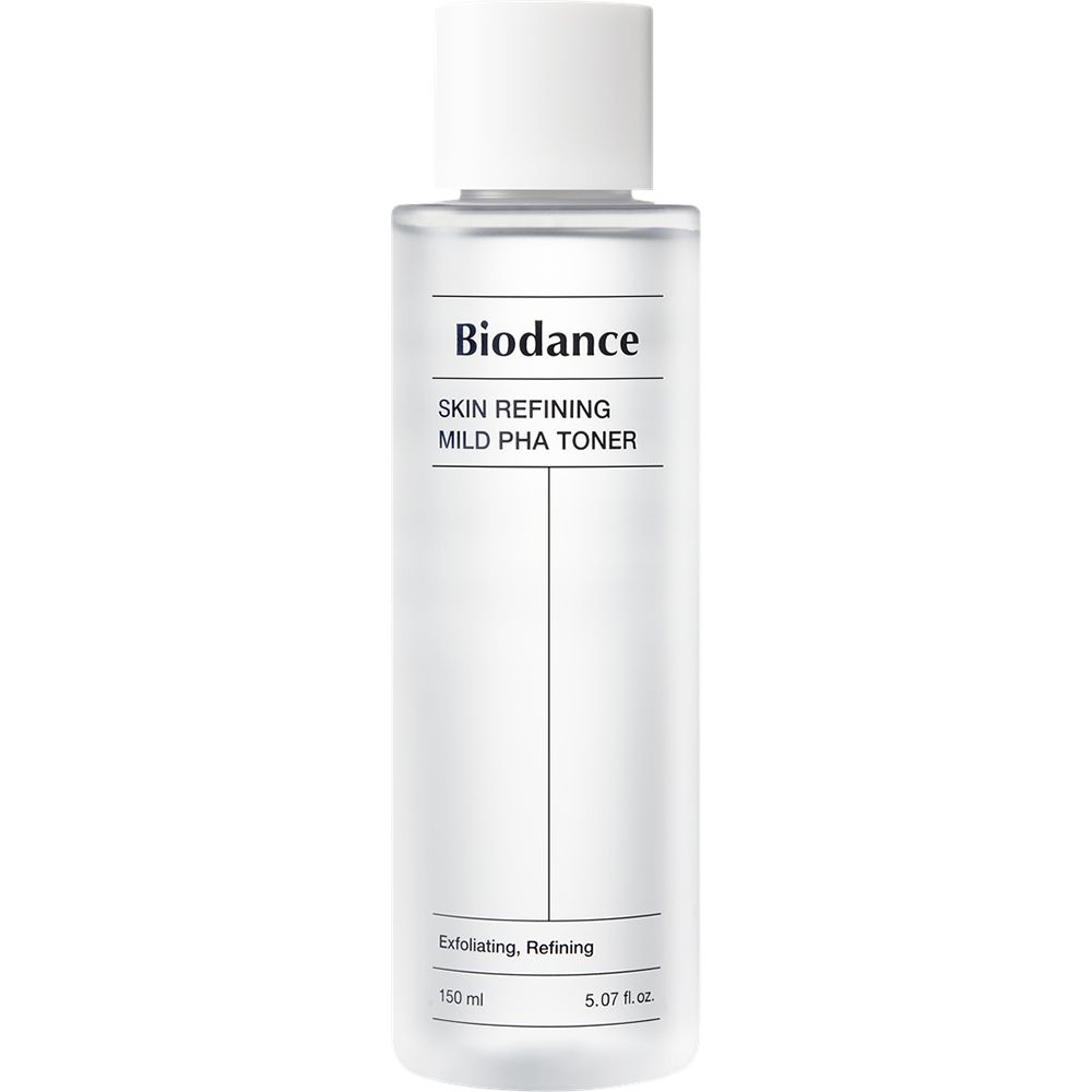 Transparante fles met witte dop. Opschrift: Biodance Skin Refining Mild PHA Toner. 150 ml.