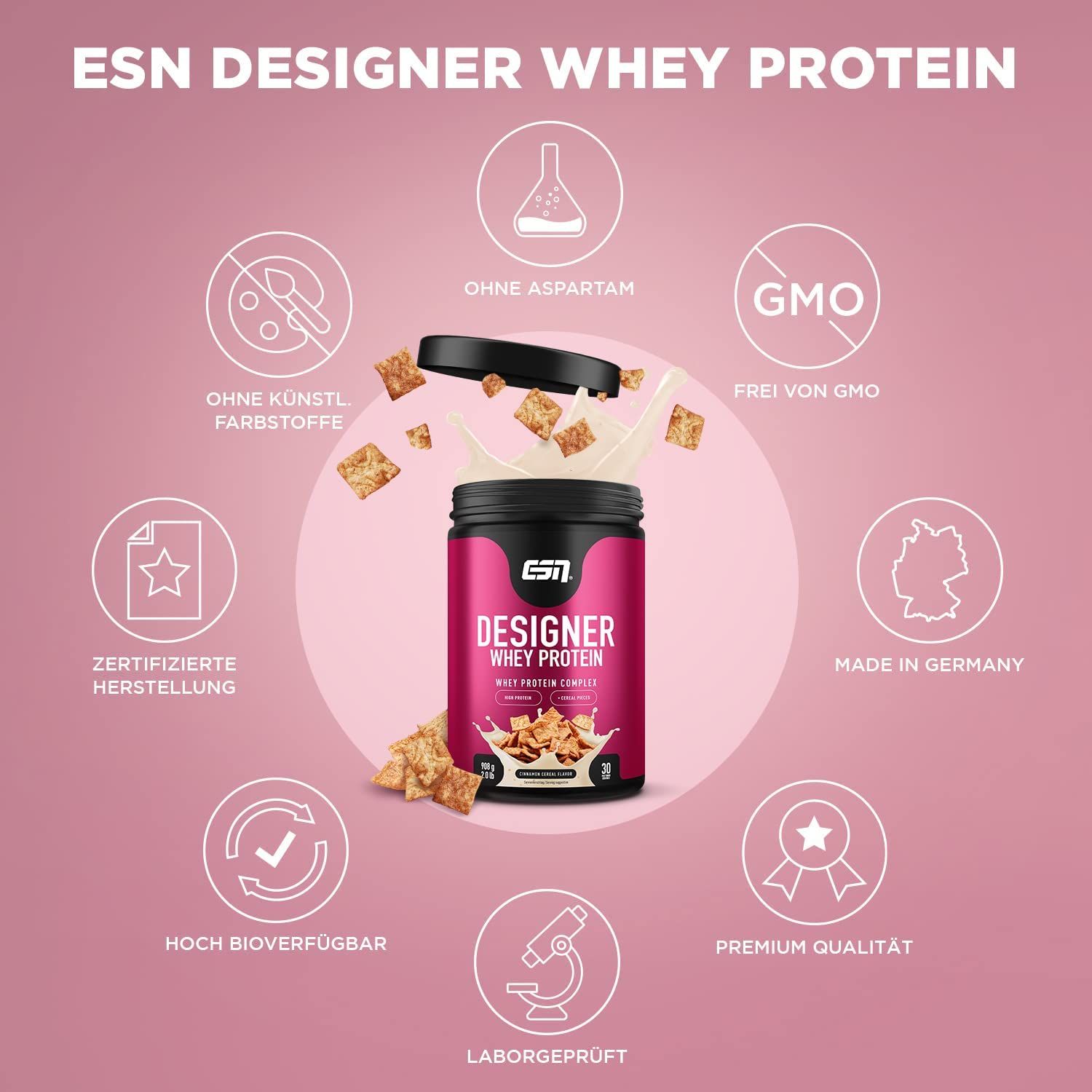 Pot ESN Designer Whey Protein. Icônes : sans aspartame, sans OGM, fabrication certifiée, haute biodisponibilité, qualité supérieure, testé en laboratoire.