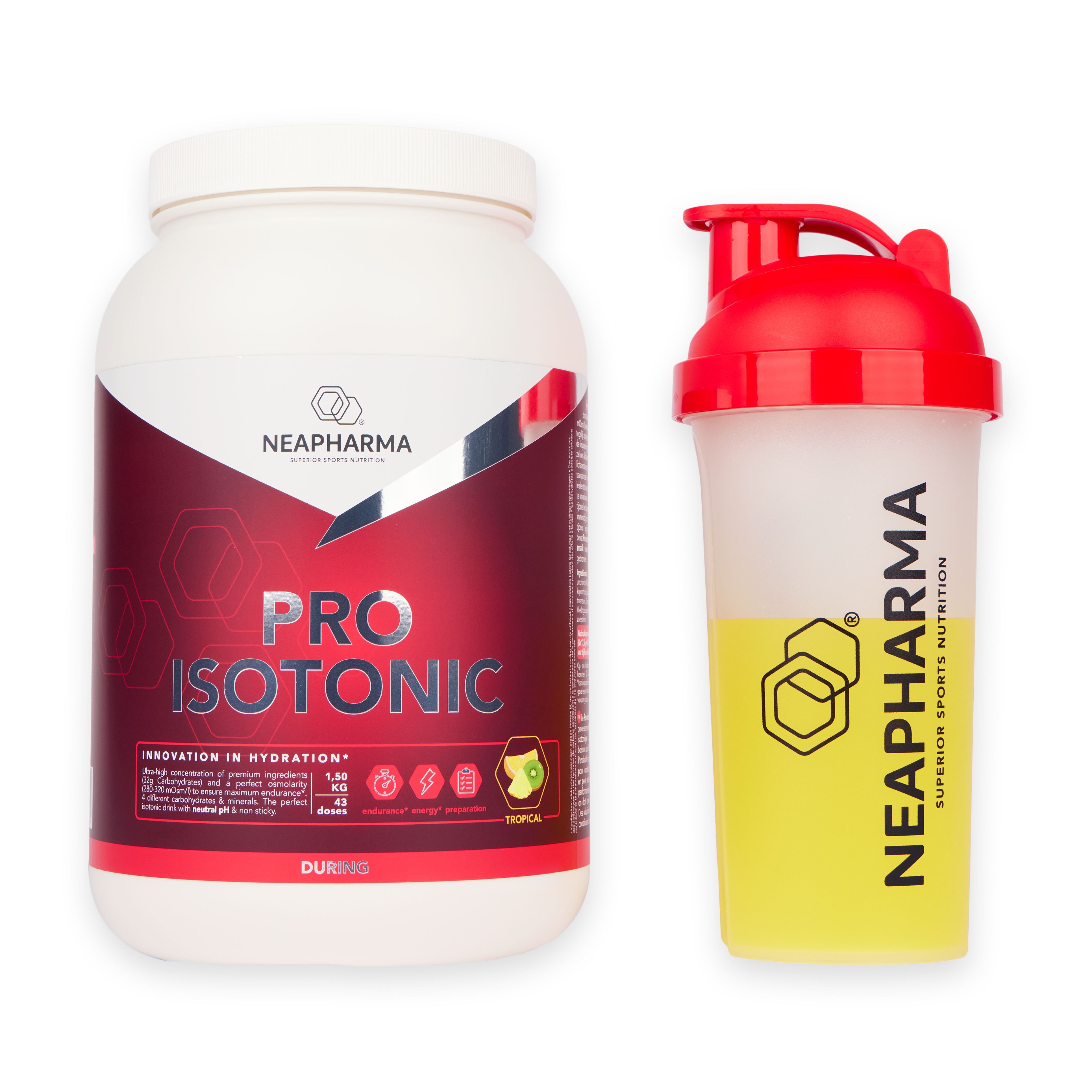 Witte pot met rood etiket en shaker. Opschrift: NEAPHARMA PRO ISOTONIC. Shaker met gele vloeistof.