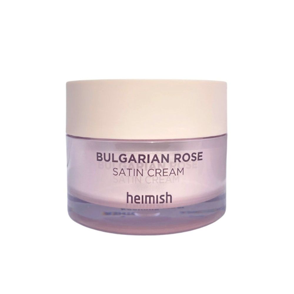 Pot de crème avec couvercle. Inscription : Bulgarian Rose Satin Cream. Marque : heimish.