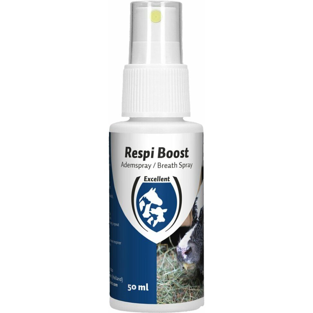 Flacon spray blanc avec étiquette bleue. Inscription: Respi Boost, spray respiratoire, 50 ml.