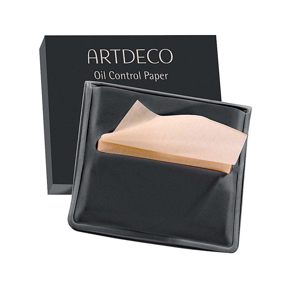 Zwarte verpakking met "ARTDECO Oil Control Paper". Zwarte houder met uitstekend olie-absorberend papier.