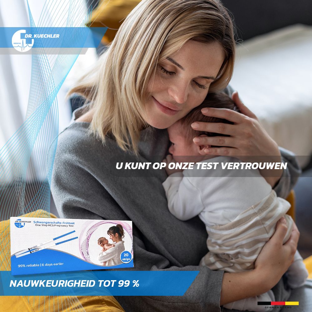 Vrouw omhelst baby. Verpakking zwangerschapstests op de voorgrond. "U kunt op onze test vertrouwen".