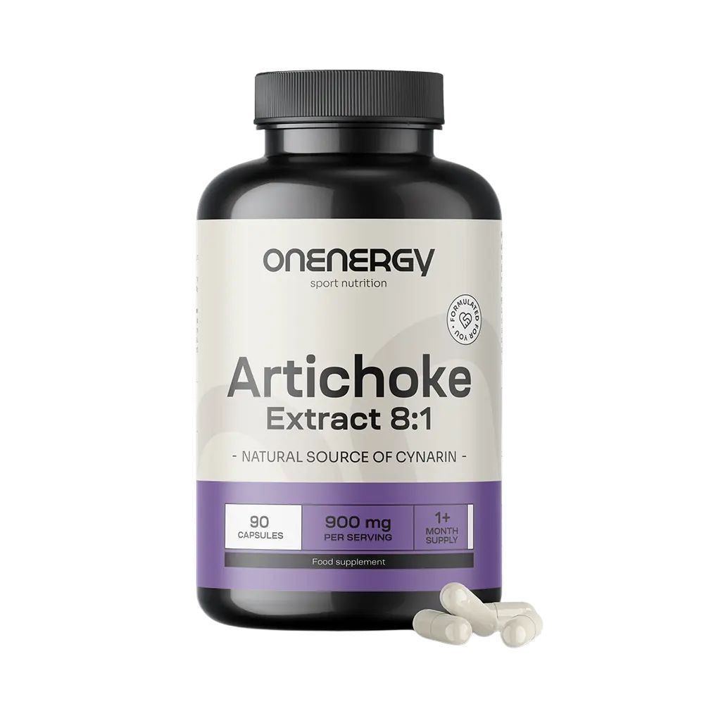 Flacon sombre avec étiquette : OnEnergy Artichaut Extrait 8:1, 90 gélules, 900 mg par portion.