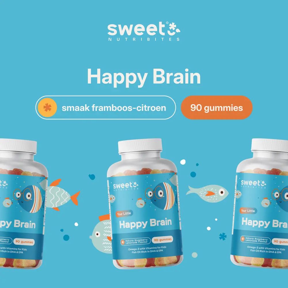 Drie flessen gummies. Tekst Happy Brain, smaak framboos-citroen, 90 gummies.