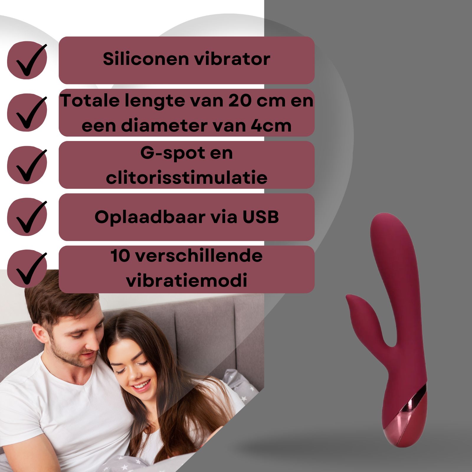 Rode siliconen vibrator. Tekst: Siliconen vibrator, 20cm, 4cm diameter, USB.