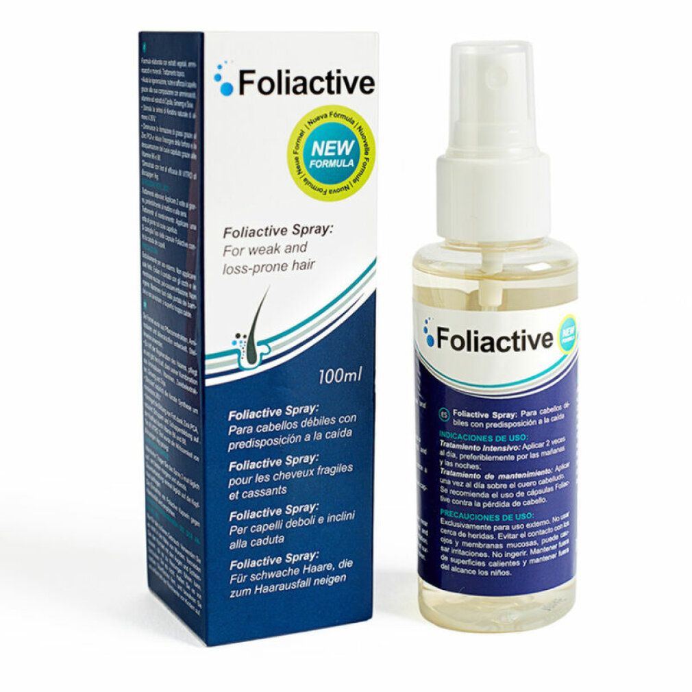 Foliactive Spray fles en verpakking. Fles met verstuiver, transparante vloeistof. Verpakking met productinformatie.