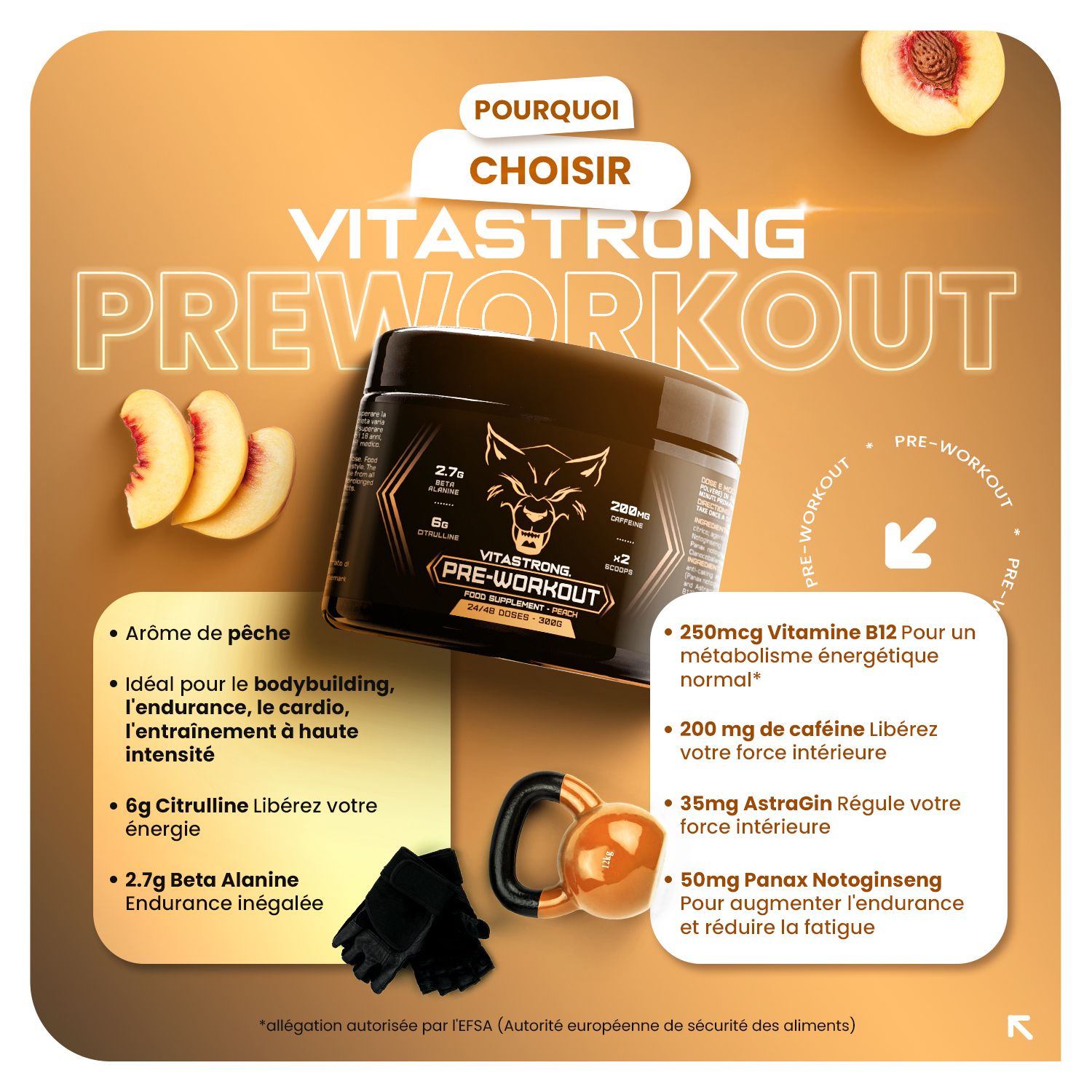 Pot en perzikhelften. Tekst: Waarom Vitastrong Pre-Workout kiezen? Merk: Vitastrong.