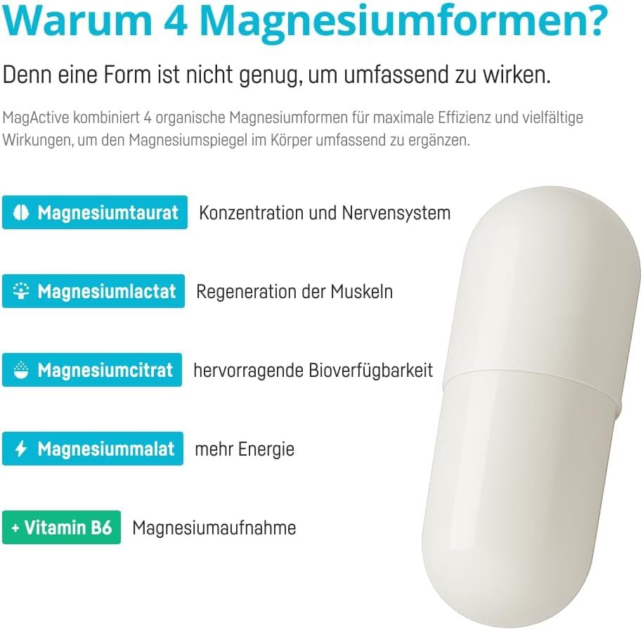 Bio Medical Pharma MagActive : 4 formes de magnésium et vitamine B6 pour diverses fonctions corporelles.