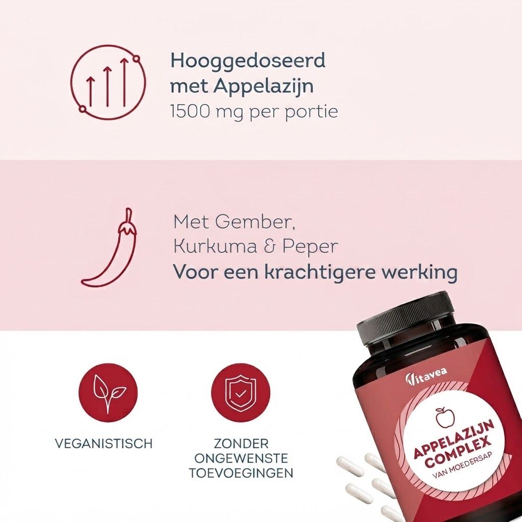 Fles met Vitavea Apfelazijn Complex capsules, hooggedoseerd met appelazijn, gember, kurkuma & peper. Veganistisch, zonder toevoegingen.