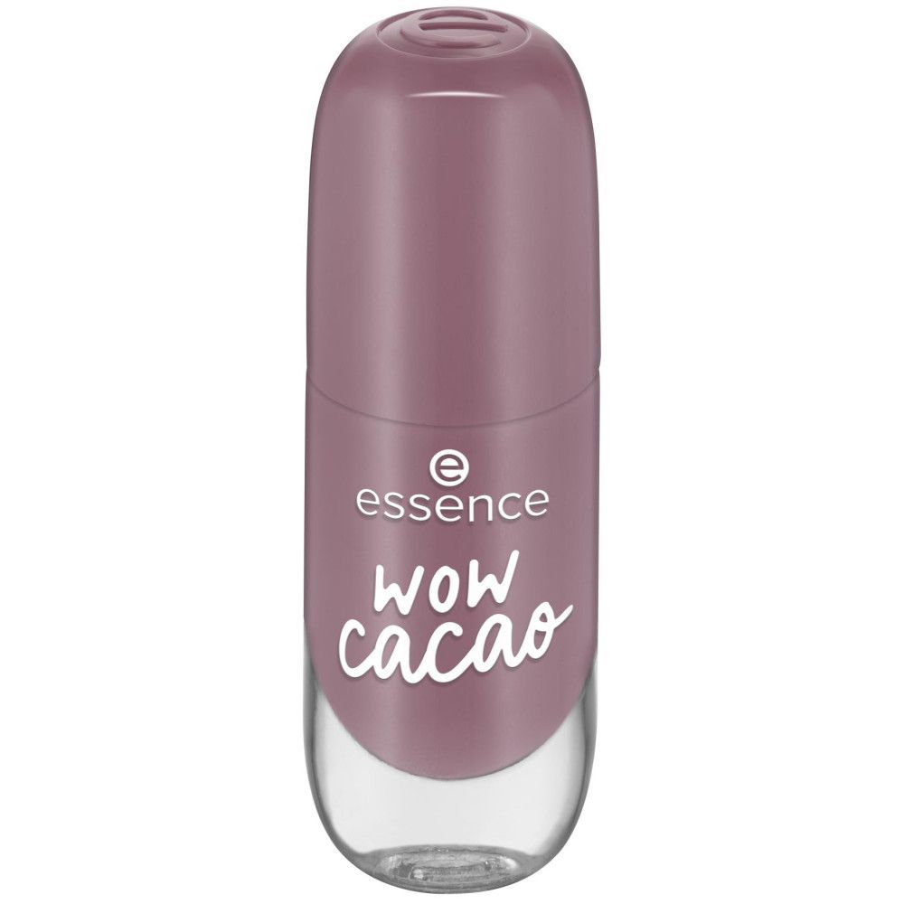 Flacon de vernis à ongles avec bouchon fermé. Vernis à ongles rose dans un flacon transparent. Inscription : Essence, Wow Cacao.