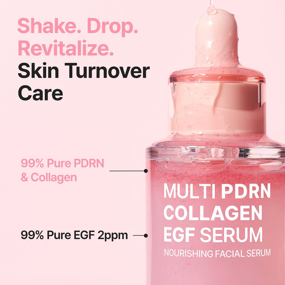 Close-up van de PURITO serumfles. "99% Pure PDRN & Collagen" en "99% Pure EGF 2ppm" op etiket.