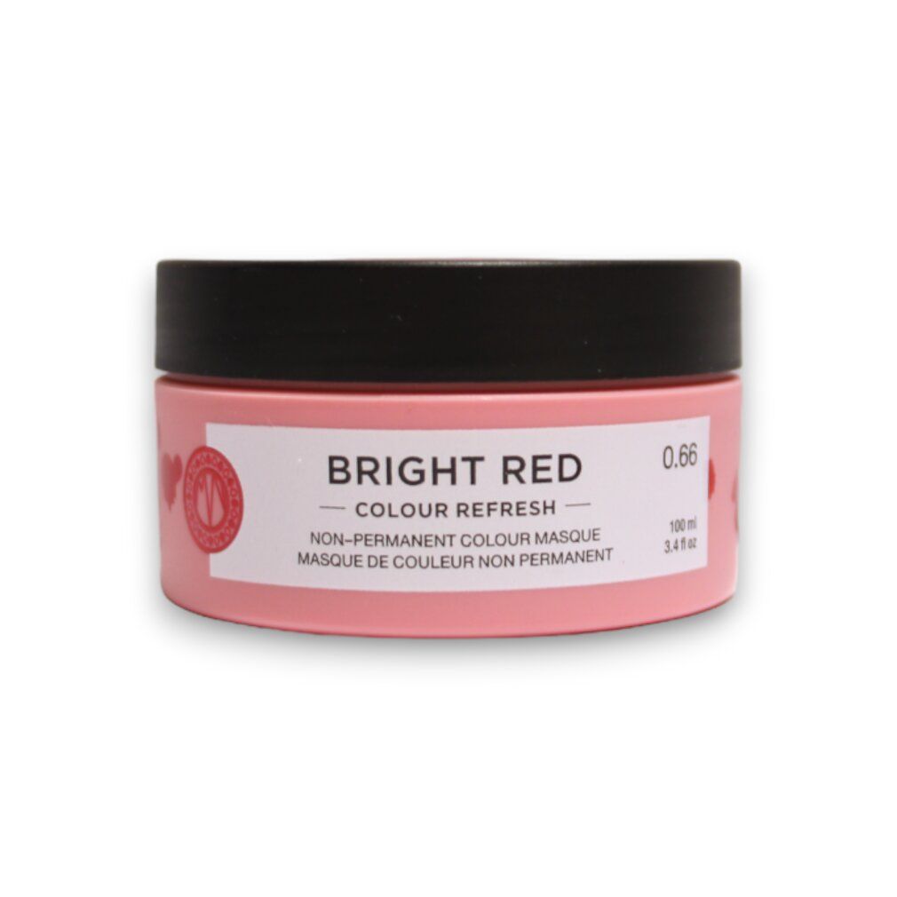 Roze pot met zwarte deksel. Opschrift: Bright Red Colour Refresh. 0.66. Niet-permanente kleurmasker.
