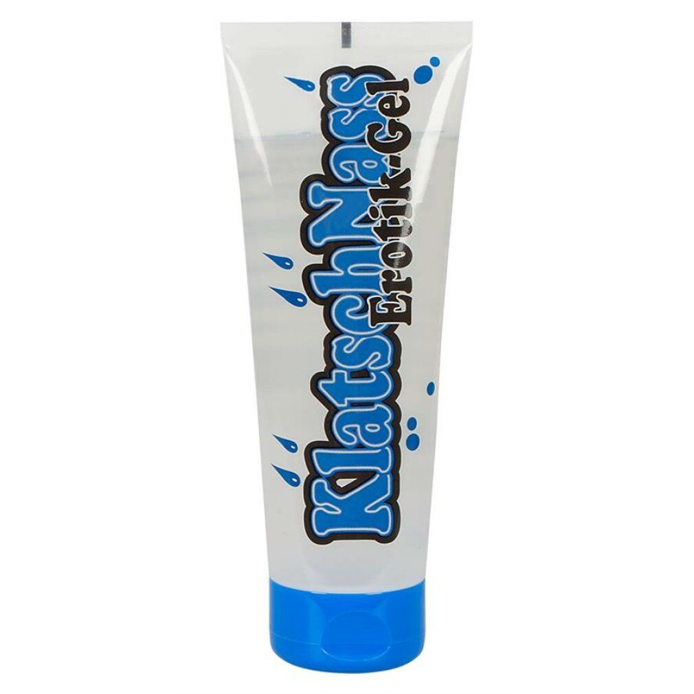 Tube de gel KlatschNass Erotik, bleu et blanc. Gouttes bleues. Bouchon bleu.