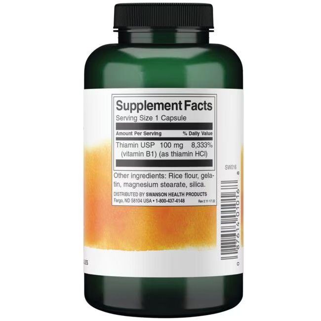 Flacon vert avec étiquette blanche. Inscription : Thiamine 100 mg. Autres ingrédients : farine de riz, gélatine, stéarate de magnésium, silice.