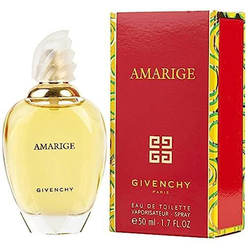 Parfumfles naast rode doos. Opschrift "AMARIGE", "GIVENCHY" en "EAU DE TOILETTE SPRAY".