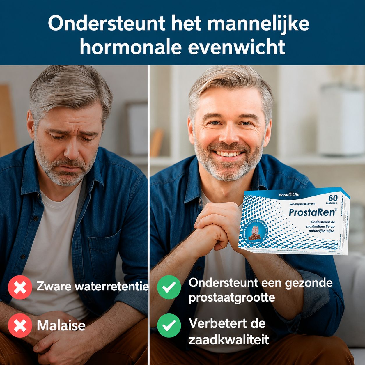Twee mannen, links verdrietig, rechts lachend, houden een ProstaRen-verpakking met 60 capsules vast.