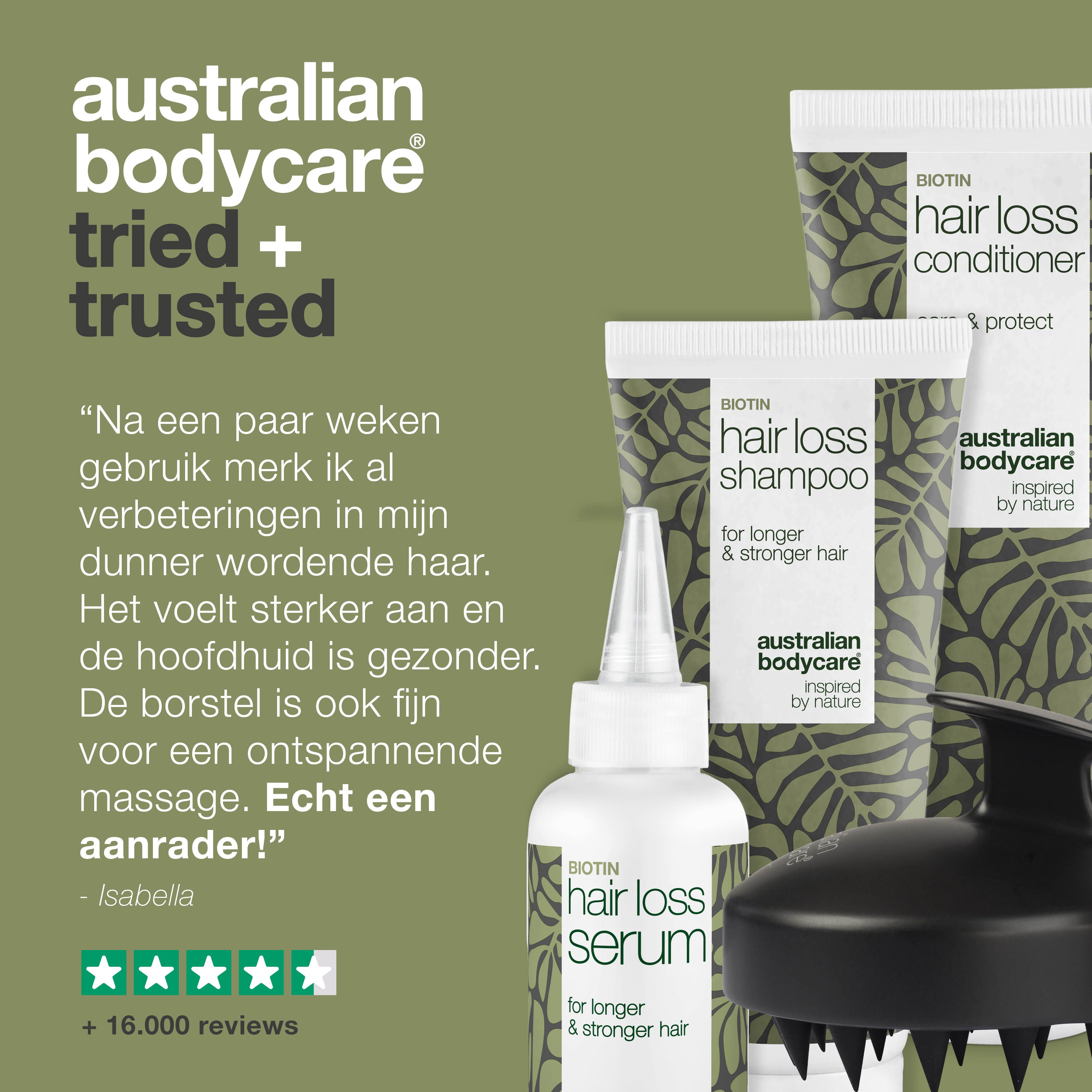 Haaruitvalpakket met shampoo, conditioner, serum en hoofdhuidborstel. Tekst: Eindelijk gezonder haar!