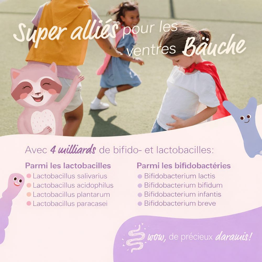 Illustrations d'enfants. Texte: Avec 4 milliards de bifido- et lactobacilles. Liste des souches bactériennes.