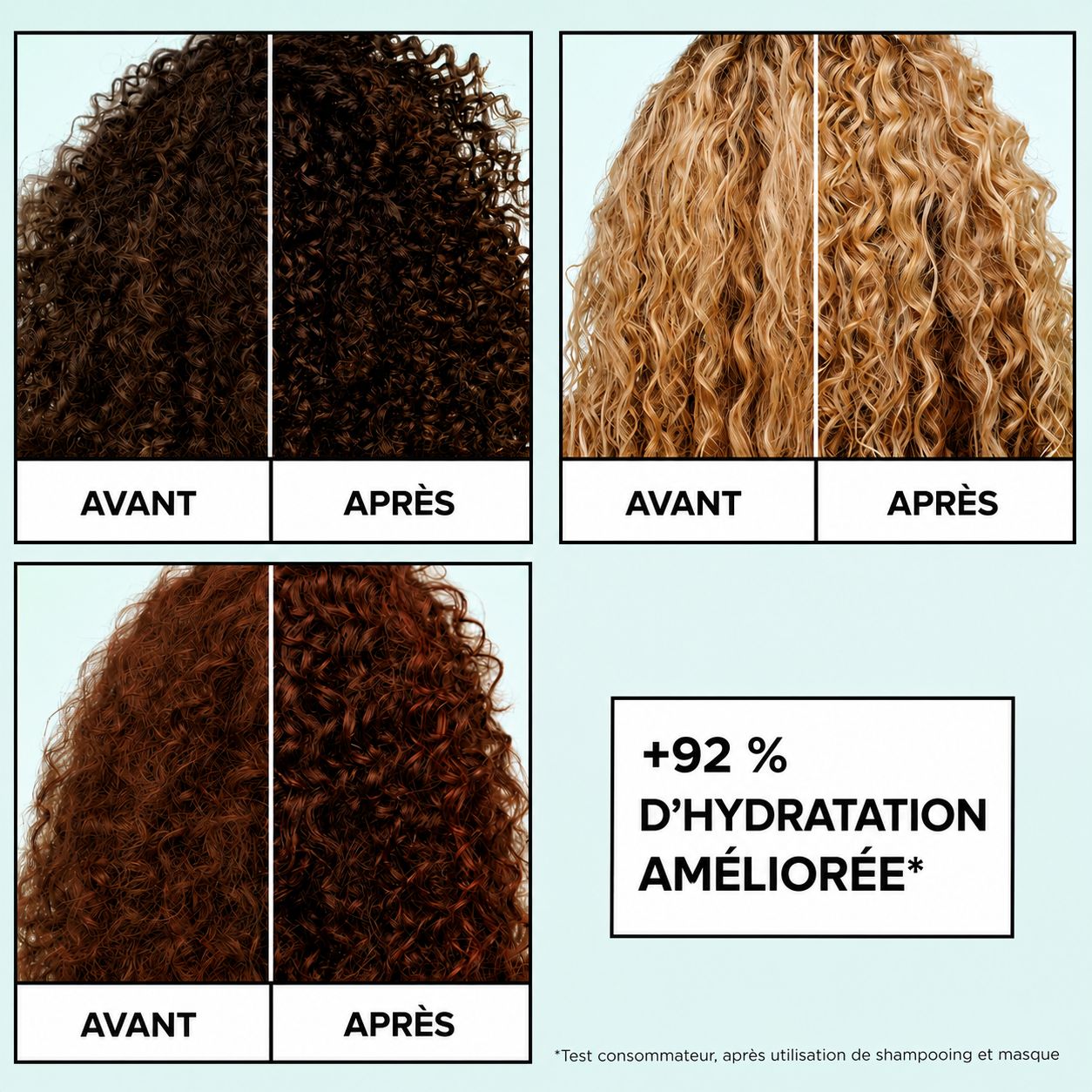 Comparaison avant-après de cheveux bruns bouclés, plus brillants et définis après utilisation.