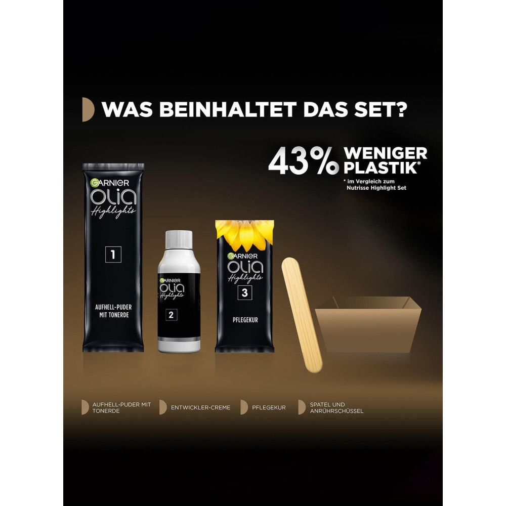 Garnier Olia Highlights set-inhoud. Oplichtpoeder, ontwikkelaarcrème, verzorging, spatel en mengkom. Tekst: 43% minder plastic.