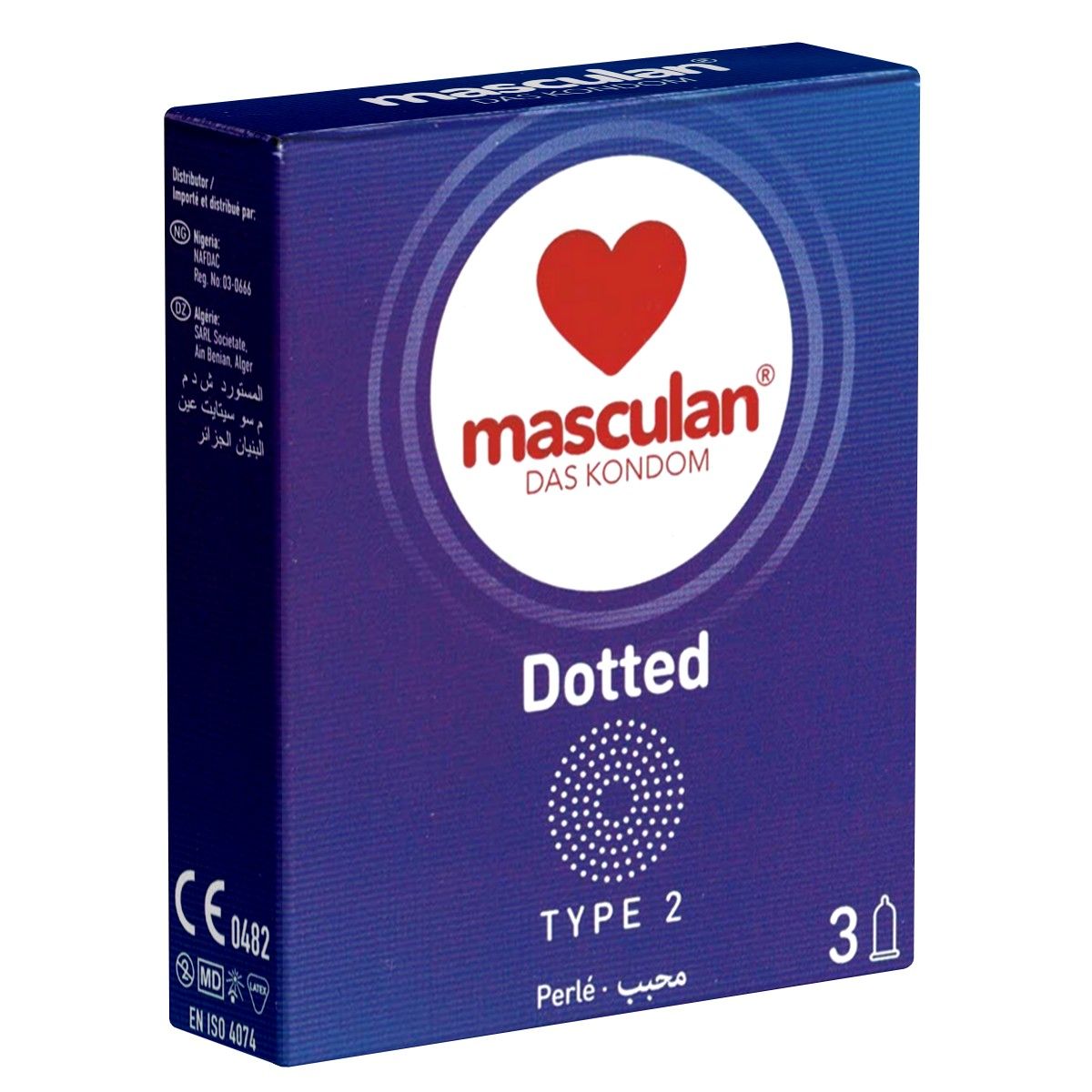 Boîte bleue foncée avec cœur rouge et texte Masculan. Inscription "Dotted", "TYPE 2" et "30". Marquage CE.
