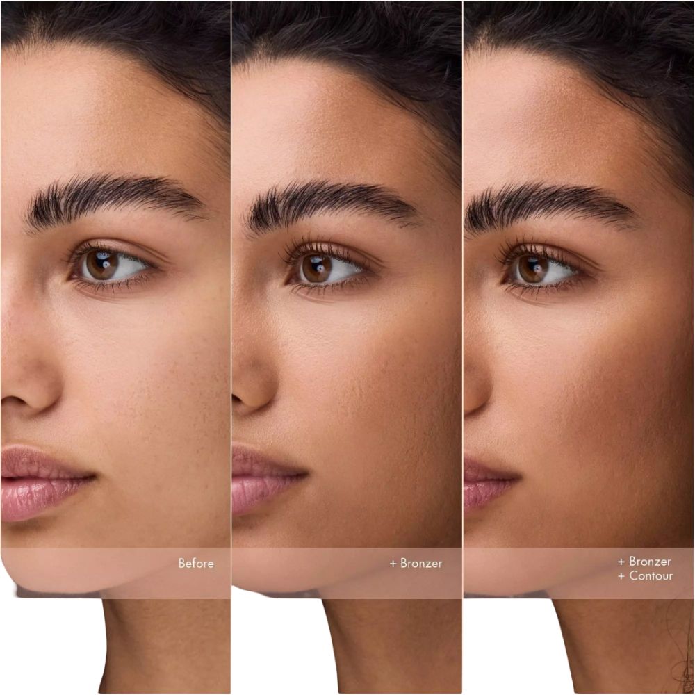 Trois visages côte à côte. Gauche : peau sans maquillage. Milieu : avec bronzer. Droite : avec bronzer et contour. Texte : Before, + Bronzer, + Bronzer + Contour.